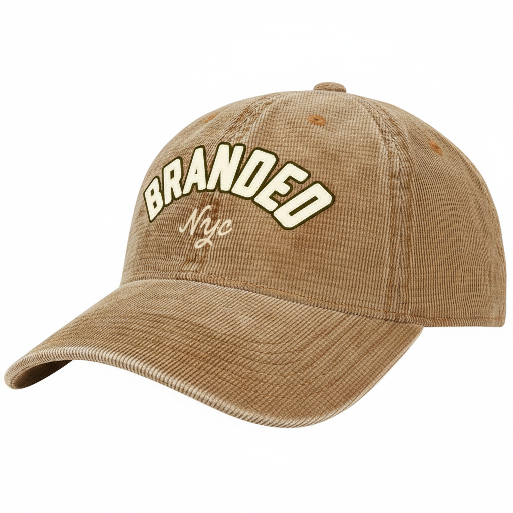 Branded corduroy hat side angle