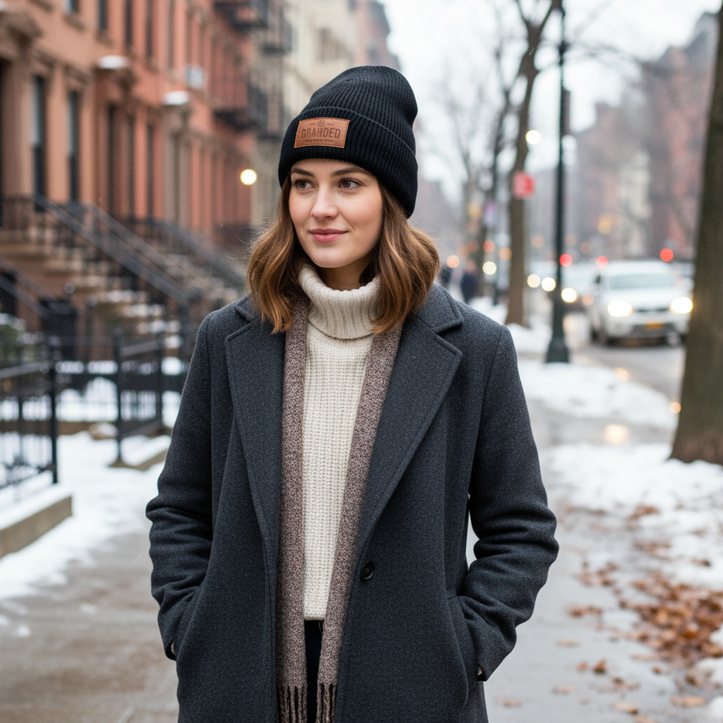 Female model wearing beanie