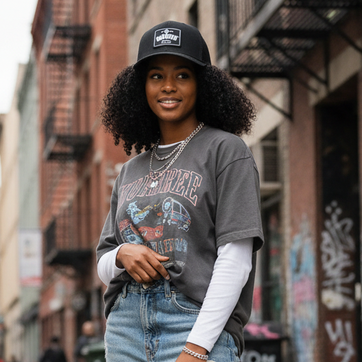 Female model wearing black rubber patch trucker hat