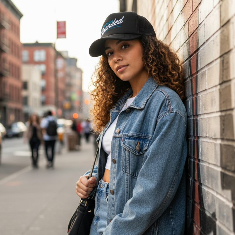 Female model wearing black script trucker hat