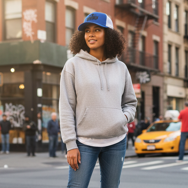 Female model wearing blue white trucker hat