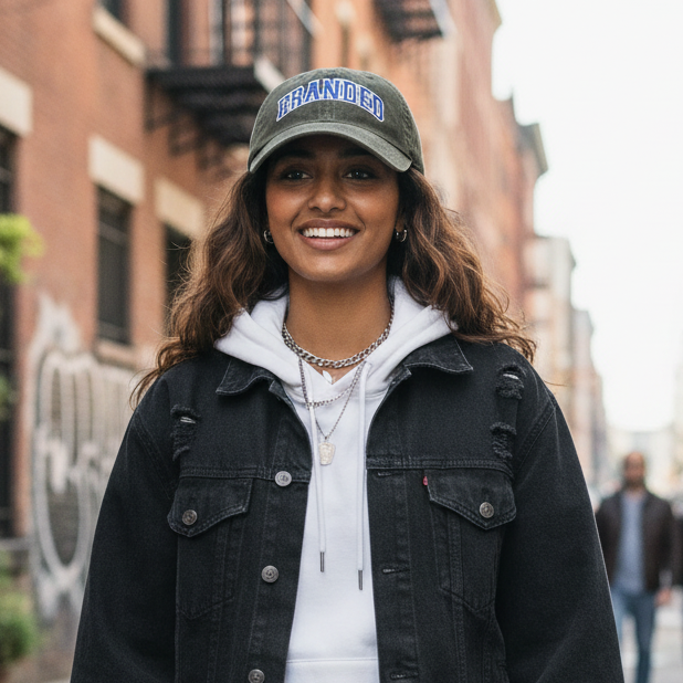 Female model wearing gray-green dad hat