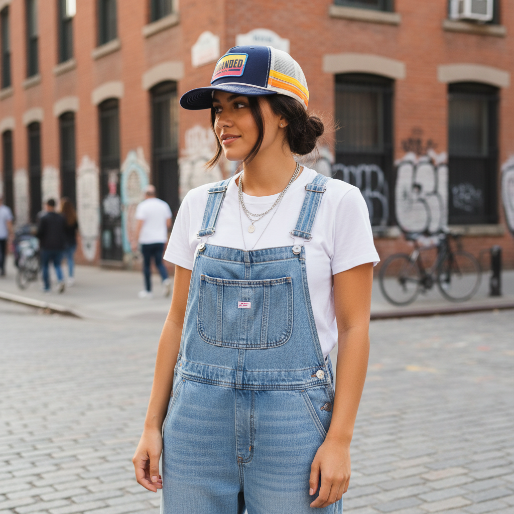 Female model wearing navy orange trucker hat