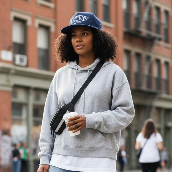 Female model wearing navy snapback