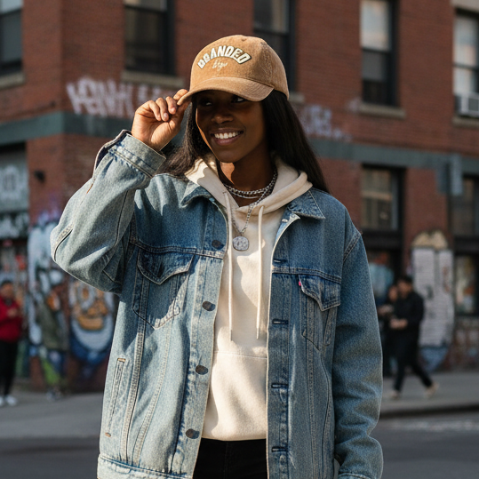 Female model wearing tan corduroy dad hat