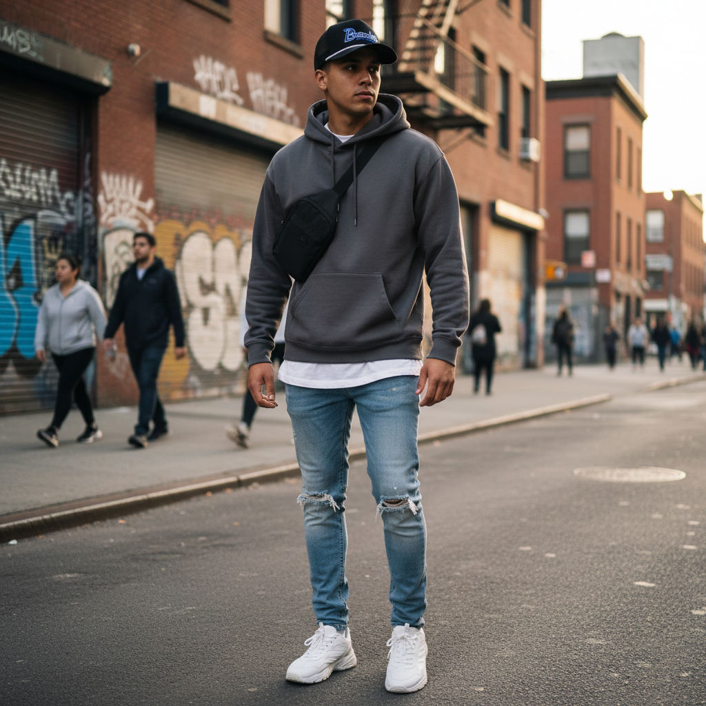 Male model wearing black script trucker hat