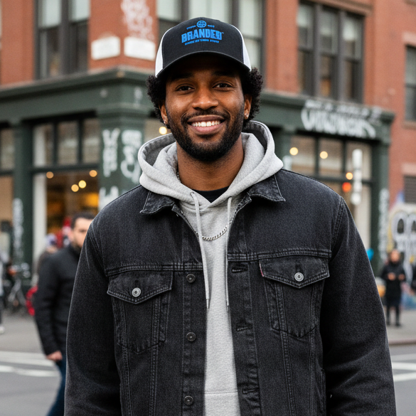 Male model wearing black white blue trucker hat