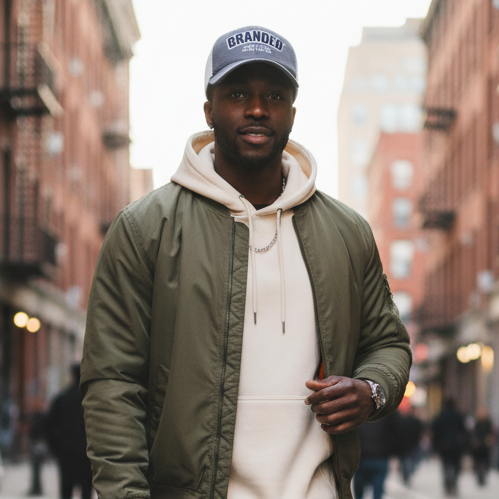 Male model wearing charcoal white trucker hat