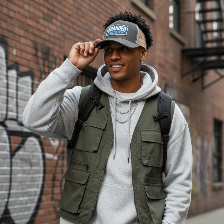 Male model wearing gray tan trucker hat