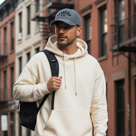 Male model wearing heather gray dad hat