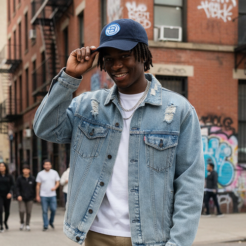 Male model wearing navy circle B dad hat