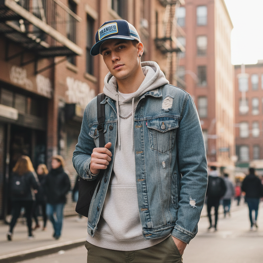 Male model wearing trucker hat