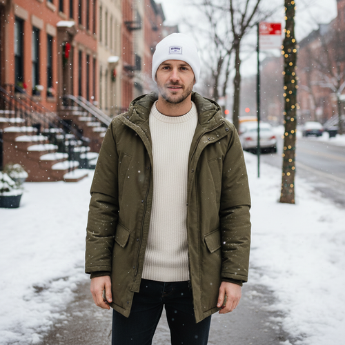 Male model wearing white beanie