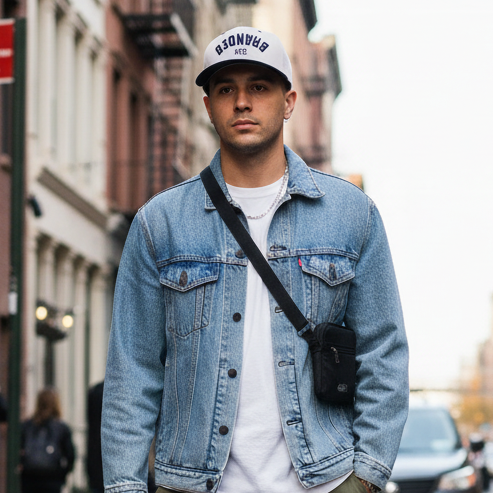 Male model wearing white navy baseball cap
