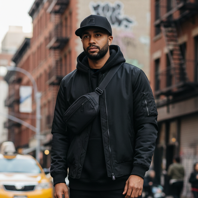 Urban lifestyle shot with B for Branded hat